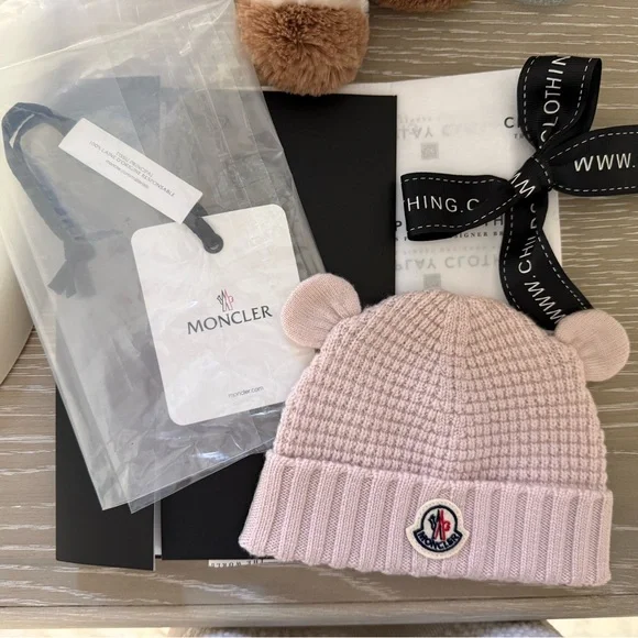 Moncler Pink Kids Hat with Bear Ears - Picture 1 of 3